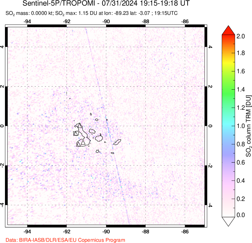 A sulfur dioxide image over Galápagos Islands on Jul 31, 2024.