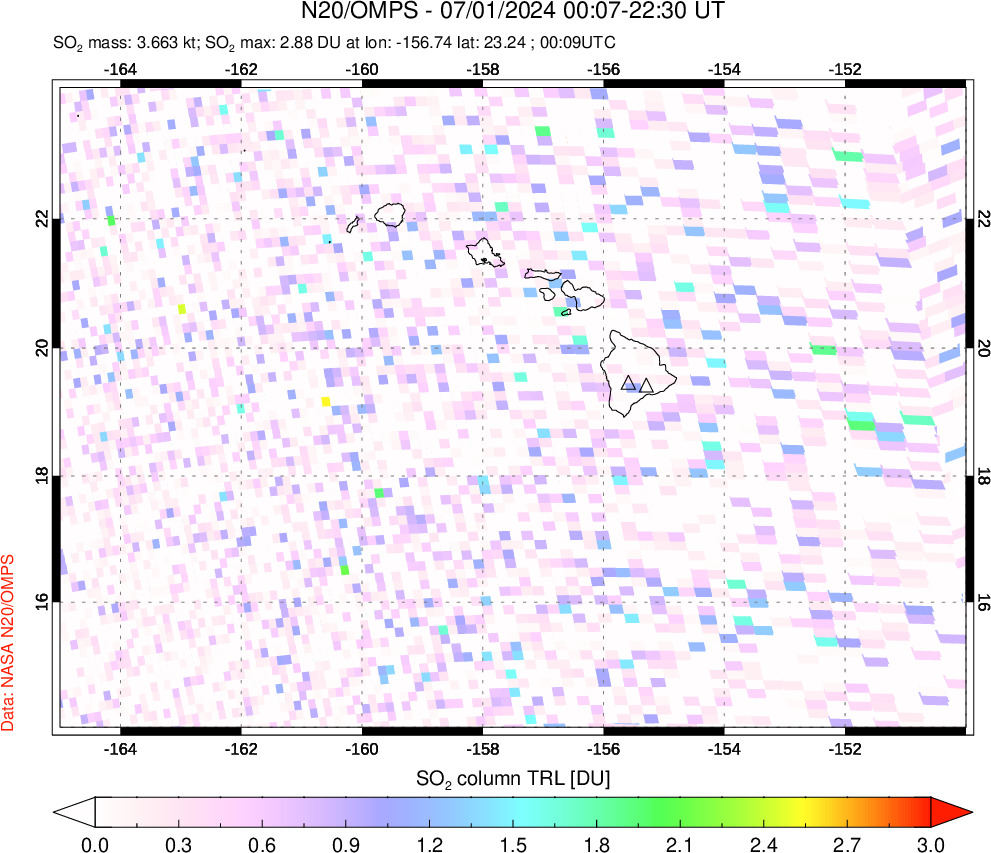 A sulfur dioxide image over Hawaii, USA on Jul 01, 2024.