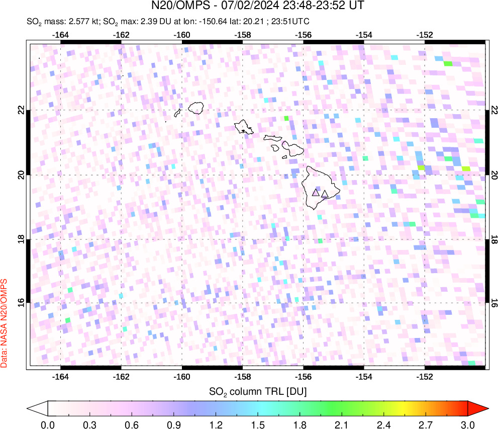 A sulfur dioxide image over Hawaii, USA on Jul 02, 2024.