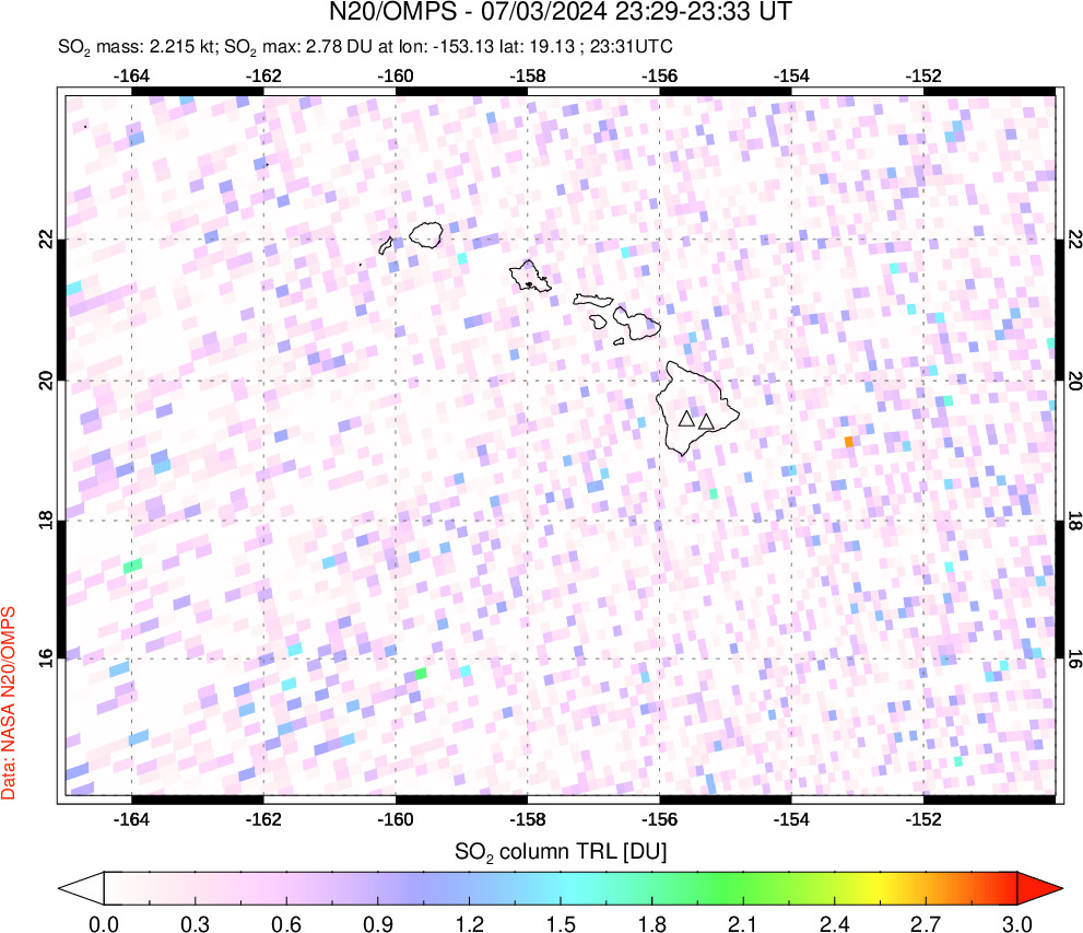 A sulfur dioxide image over Hawaii, USA on Jul 03, 2024.