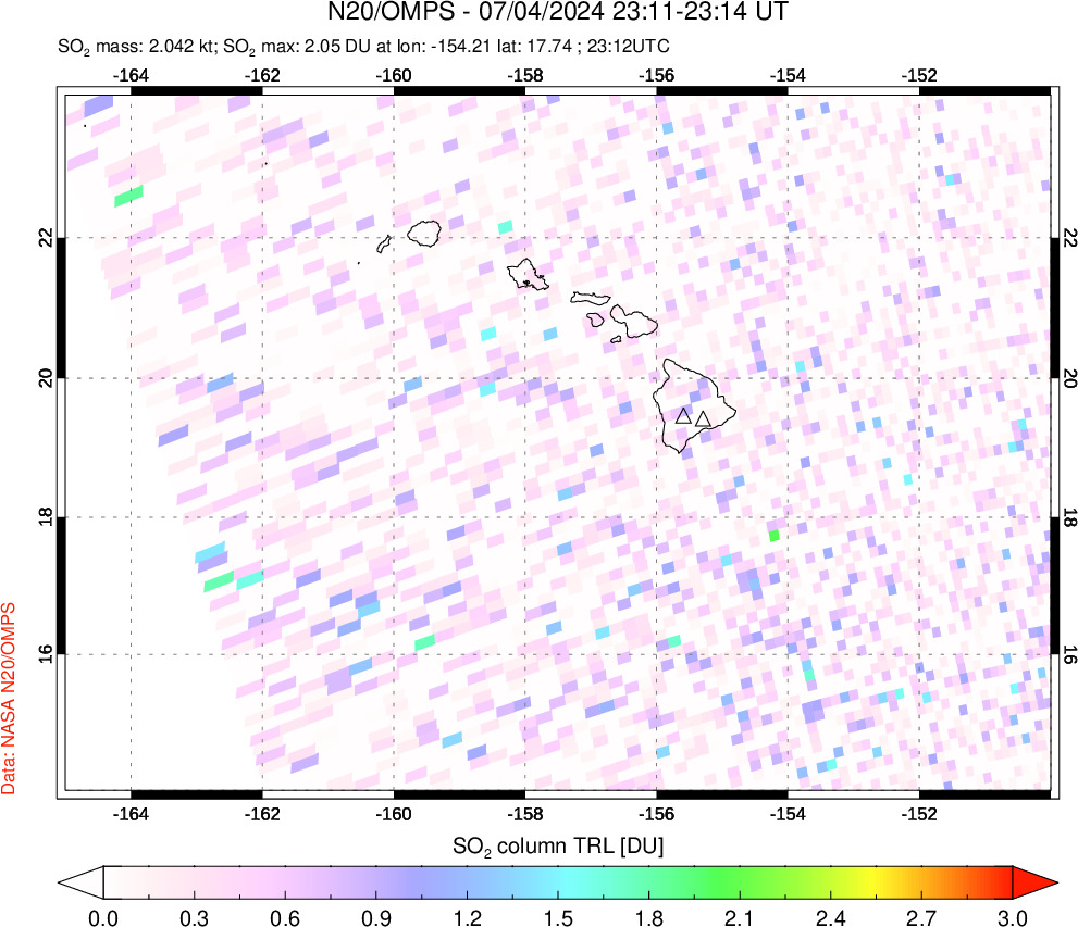 A sulfur dioxide image over Hawaii, USA on Jul 04, 2024.