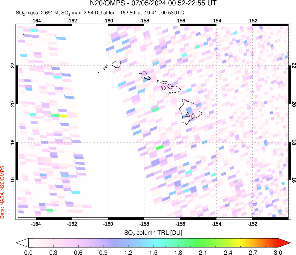 A sulfur dioxide image over Hawaii, USA on Jul 05, 2024.