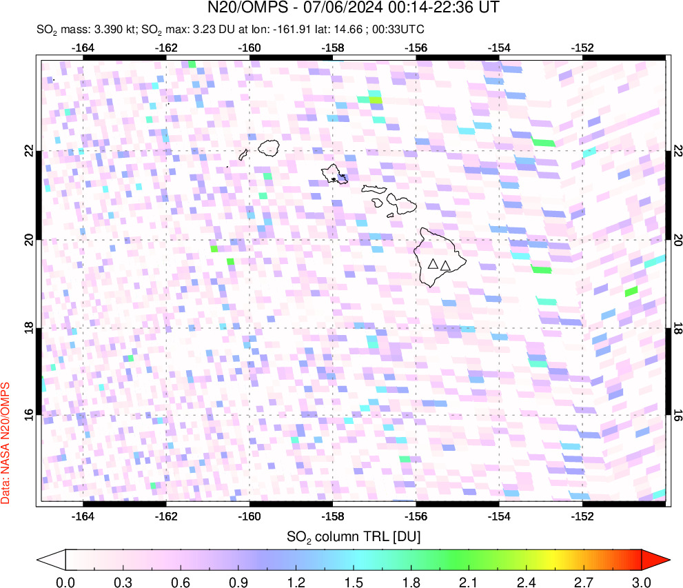 A sulfur dioxide image over Hawaii, USA on Jul 06, 2024.