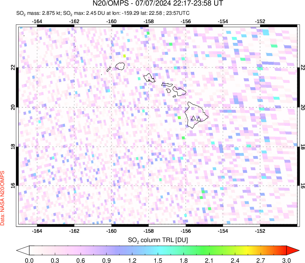 A sulfur dioxide image over Hawaii, USA on Jul 07, 2024.