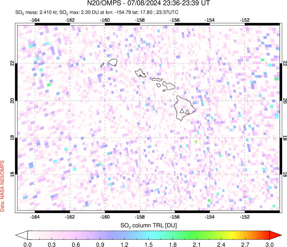 A sulfur dioxide image over Hawaii, USA on Jul 08, 2024.