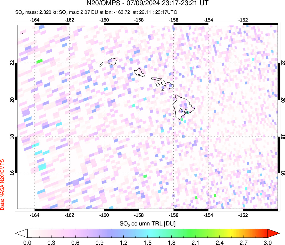 A sulfur dioxide image over Hawaii, USA on Jul 09, 2024.