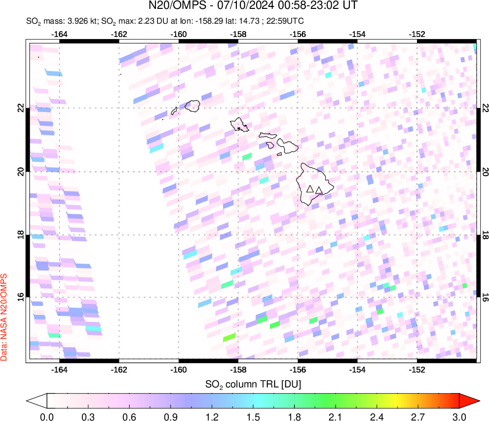 A sulfur dioxide image over Hawaii, USA on Jul 10, 2024.