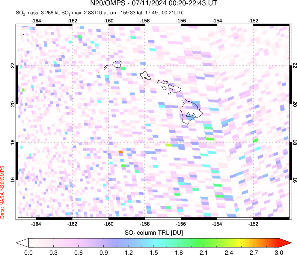 A sulfur dioxide image over Hawaii, USA on Jul 11, 2024.