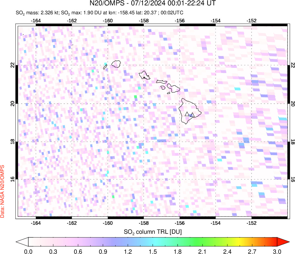 A sulfur dioxide image over Hawaii, USA on Jul 12, 2024.