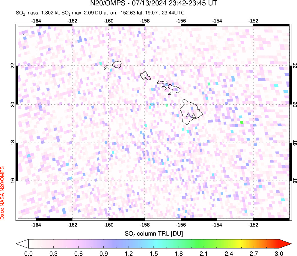 A sulfur dioxide image over Hawaii, USA on Jul 13, 2024.