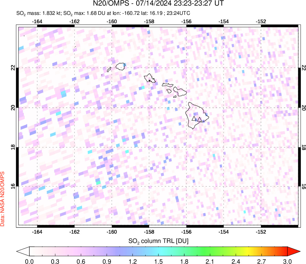 A sulfur dioxide image over Hawaii, USA on Jul 14, 2024.