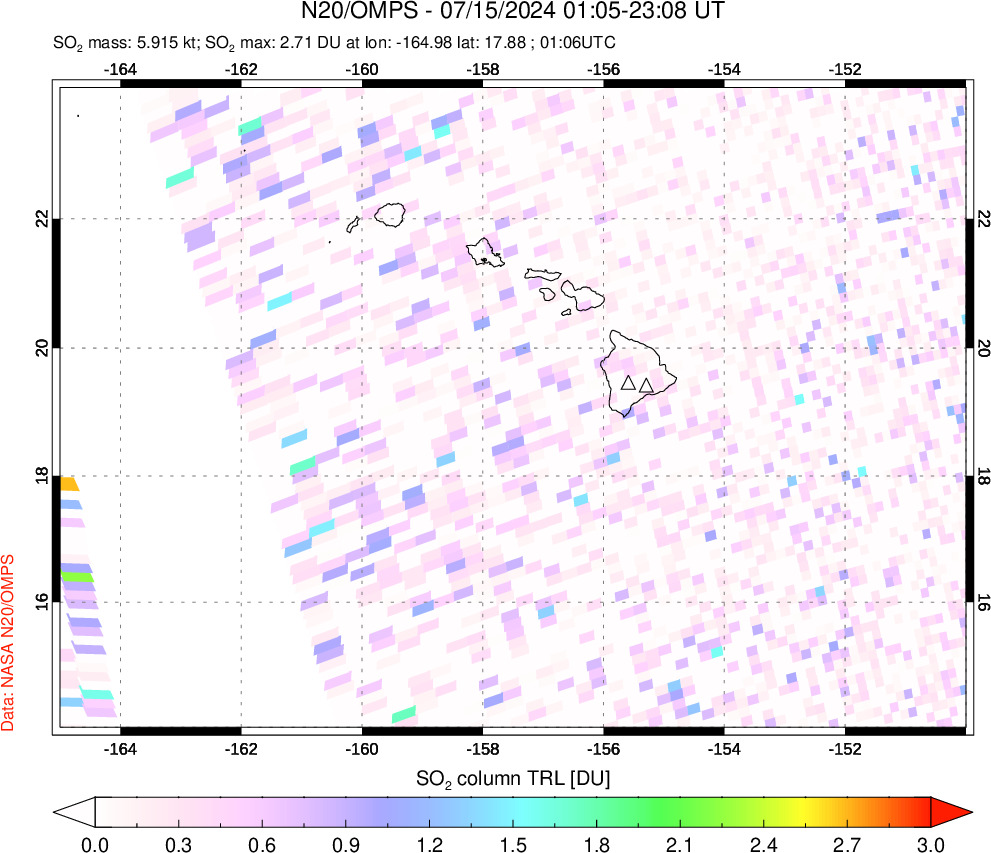 A sulfur dioxide image over Hawaii, USA on Jul 15, 2024.