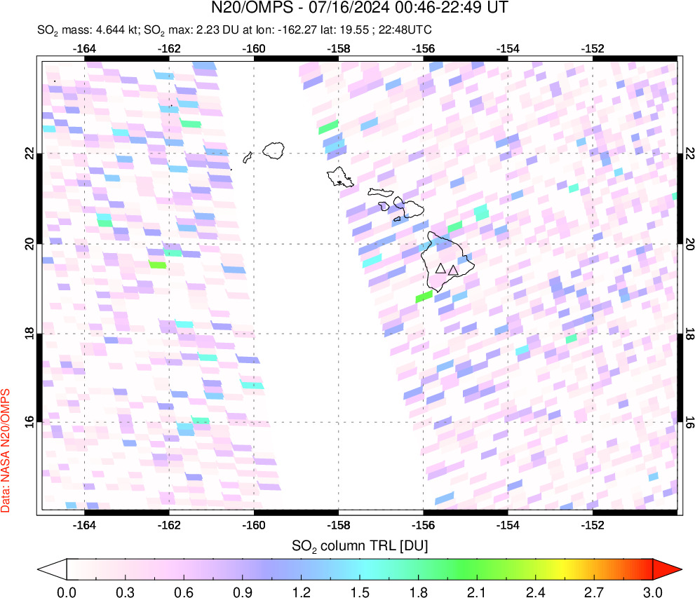 A sulfur dioxide image over Hawaii, USA on Jul 16, 2024.