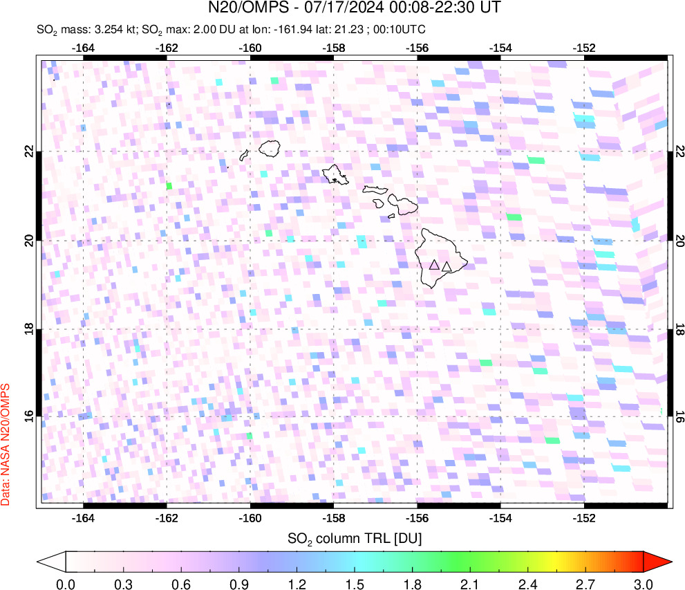 A sulfur dioxide image over Hawaii, USA on Jul 17, 2024.