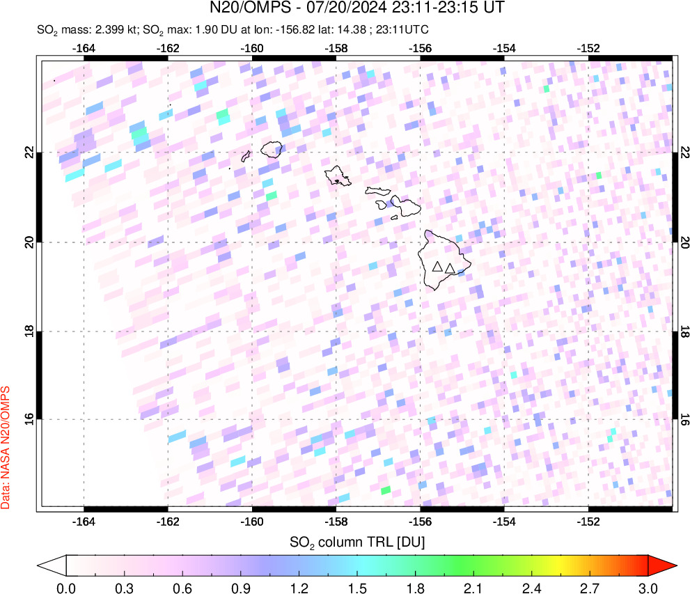 A sulfur dioxide image over Hawaii, USA on Jul 20, 2024.