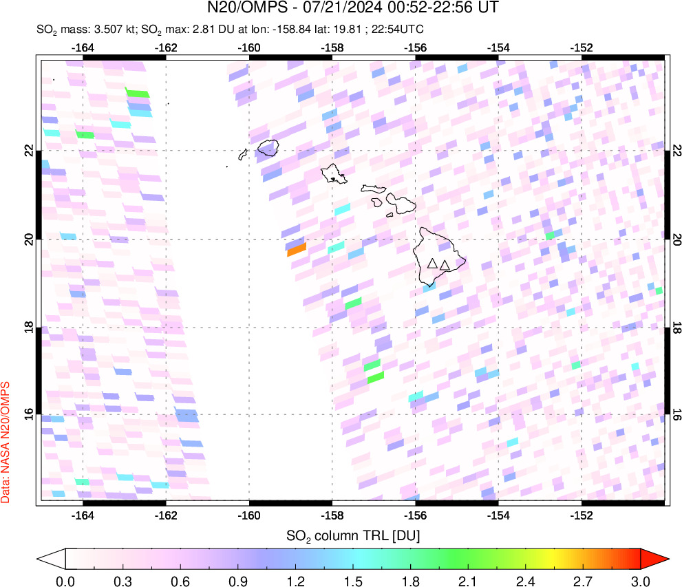 A sulfur dioxide image over Hawaii, USA on Jul 21, 2024.