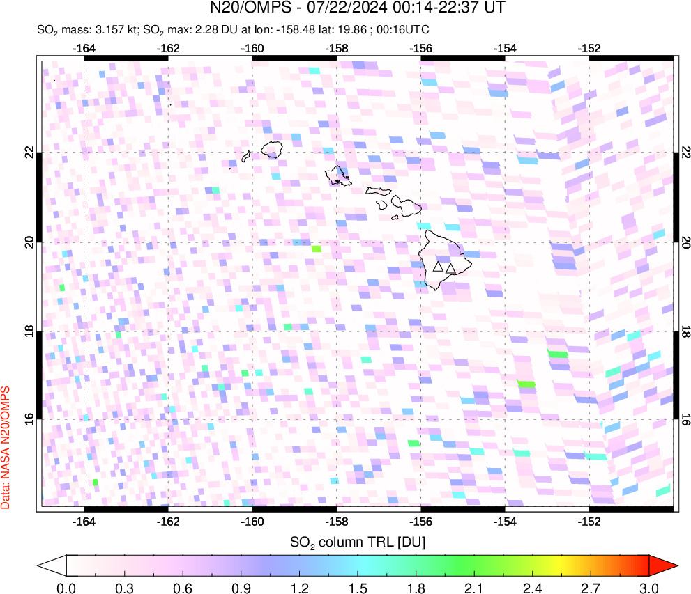 A sulfur dioxide image over Hawaii, USA on Jul 22, 2024.