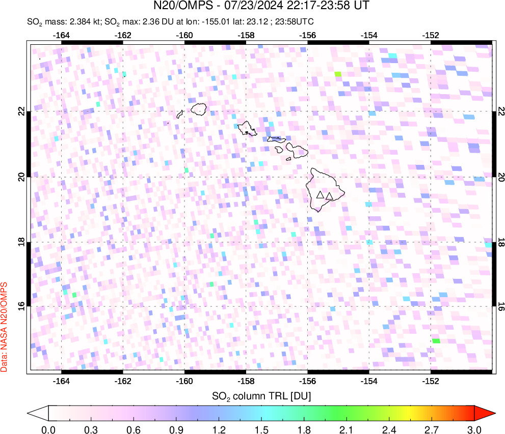 A sulfur dioxide image over Hawaii, USA on Jul 23, 2024.