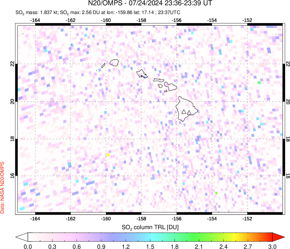 A sulfur dioxide image over Hawaii, USA on Jul 24, 2024.