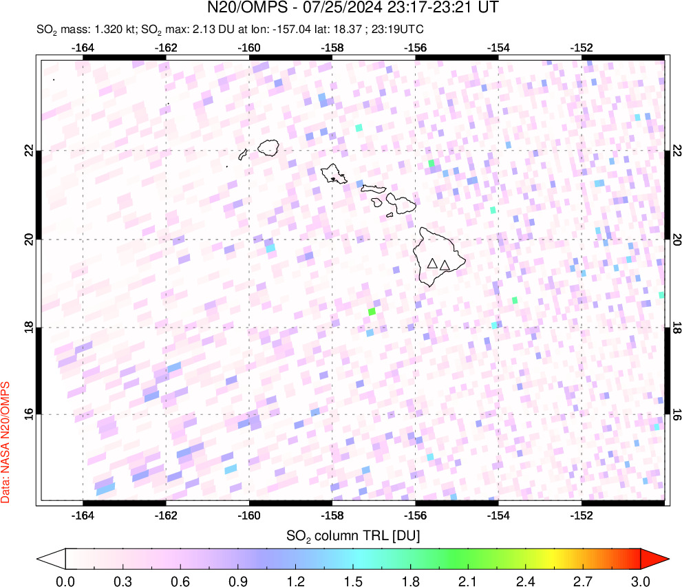 A sulfur dioxide image over Hawaii, USA on Jul 25, 2024.