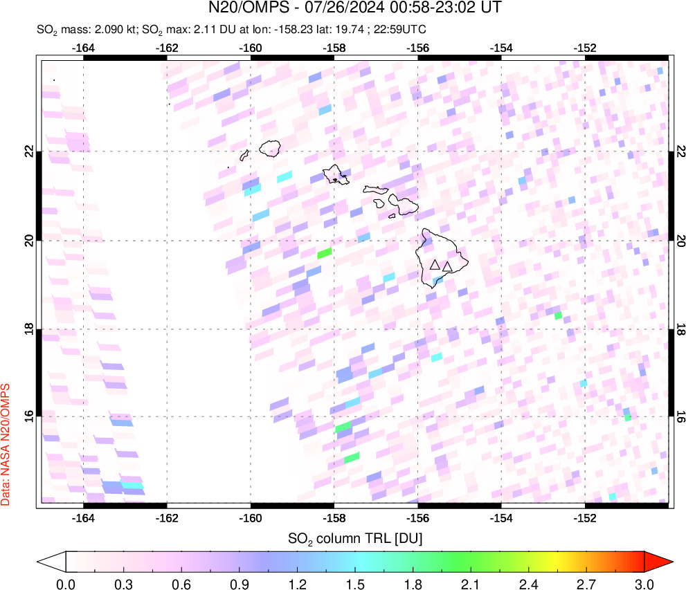 A sulfur dioxide image over Hawaii, USA on Jul 26, 2024.