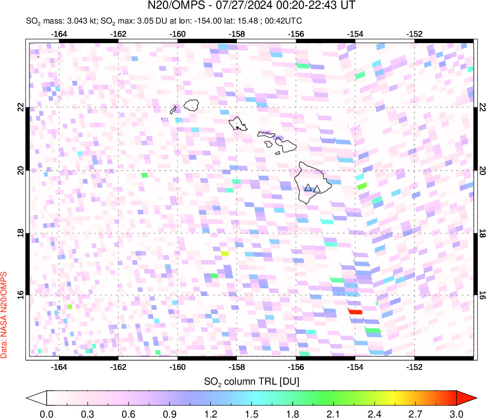 A sulfur dioxide image over Hawaii, USA on Jul 27, 2024.