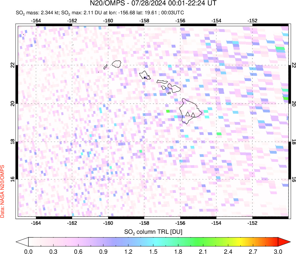 A sulfur dioxide image over Hawaii, USA on Jul 28, 2024.