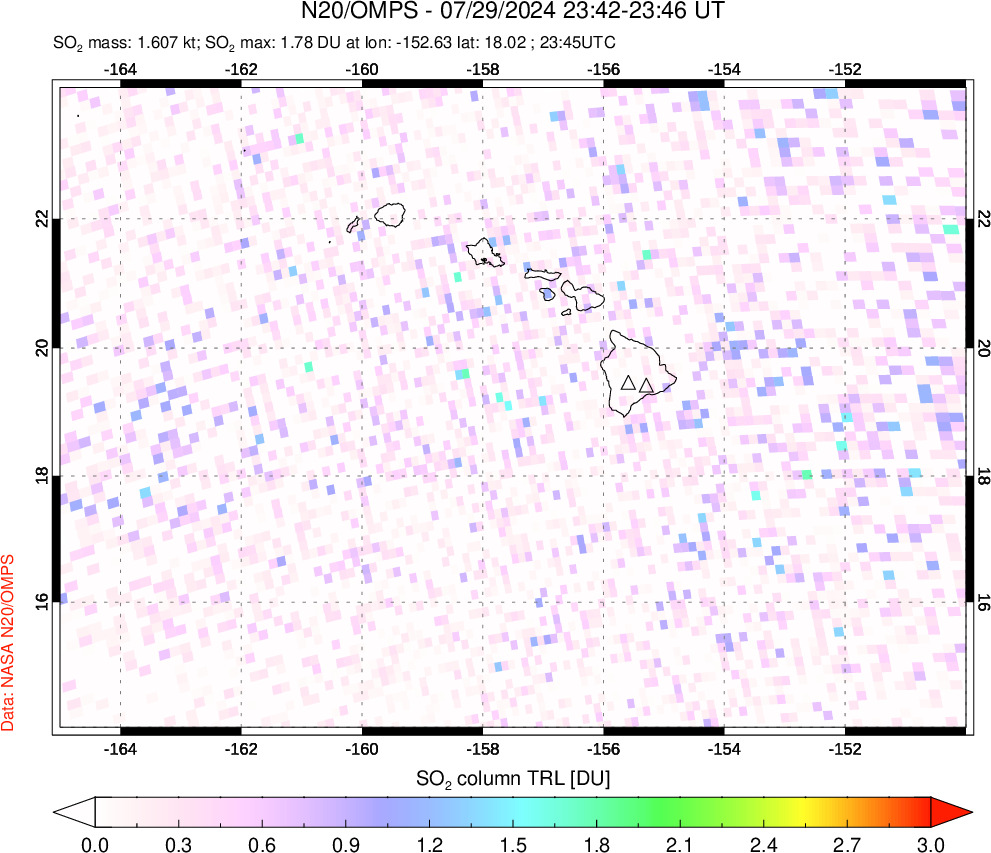 A sulfur dioxide image over Hawaii, USA on Jul 29, 2024.