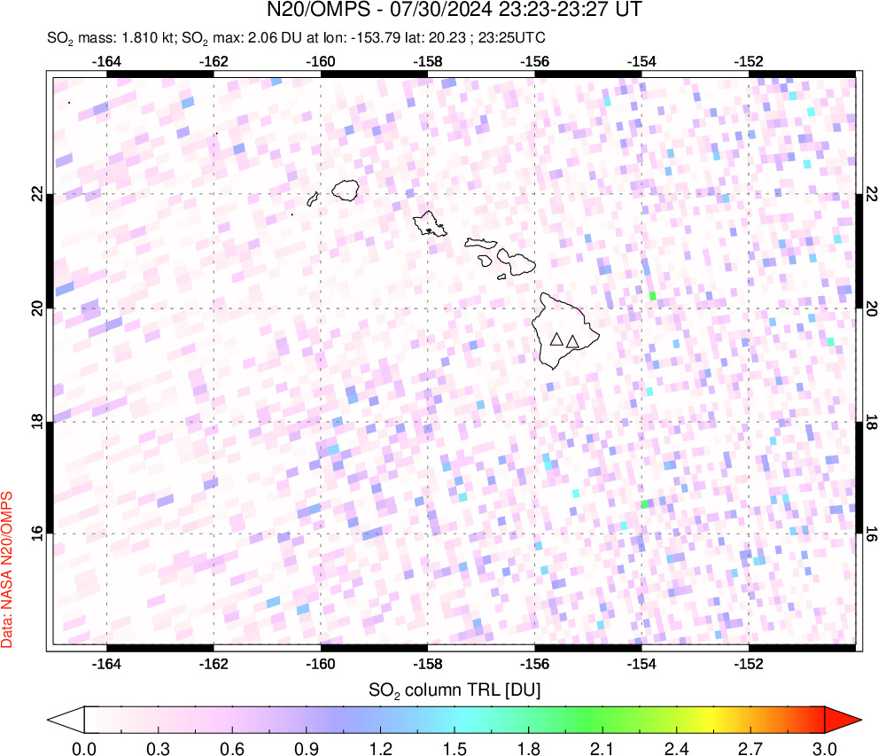 A sulfur dioxide image over Hawaii, USA on Jul 30, 2024.