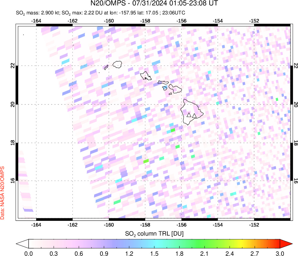 A sulfur dioxide image over Hawaii, USA on Jul 31, 2024.