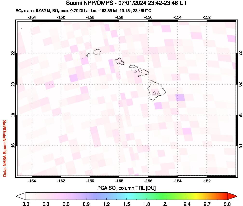 A sulfur dioxide image over Hawaii, USA on Jul 01, 2024.