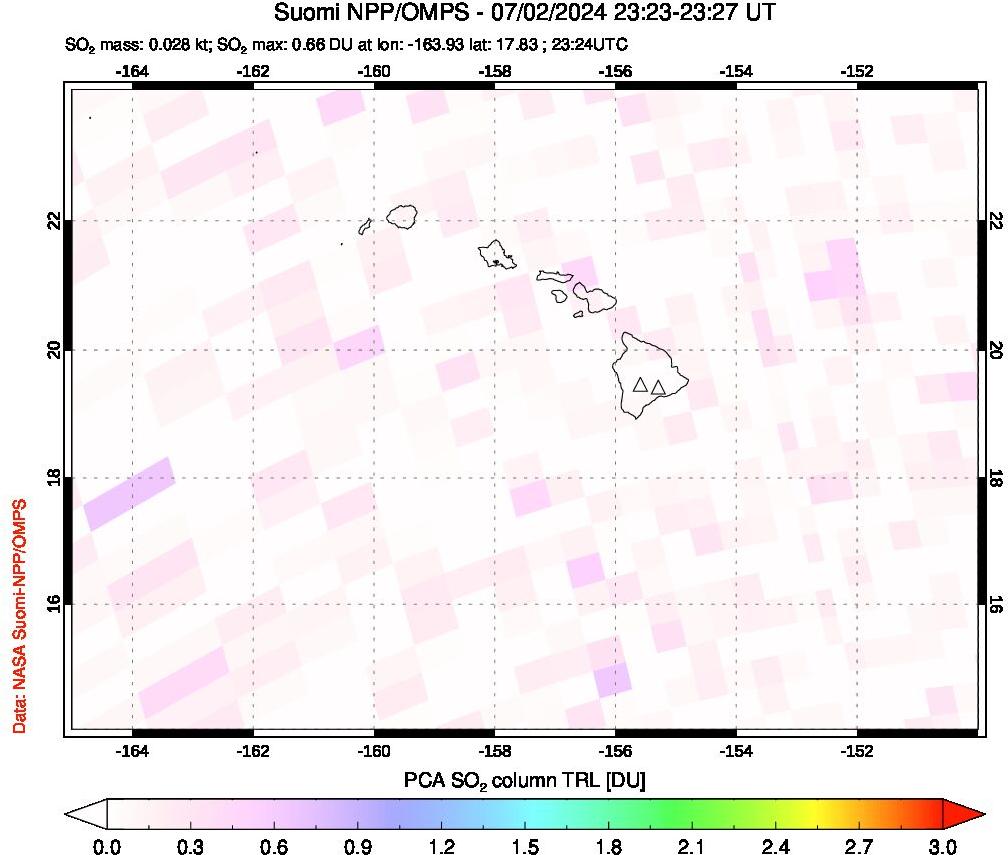 A sulfur dioxide image over Hawaii, USA on Jul 02, 2024.