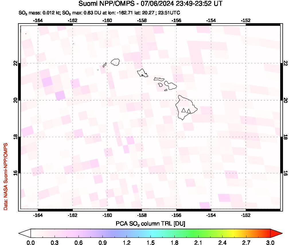 A sulfur dioxide image over Hawaii, USA on Jul 06, 2024.