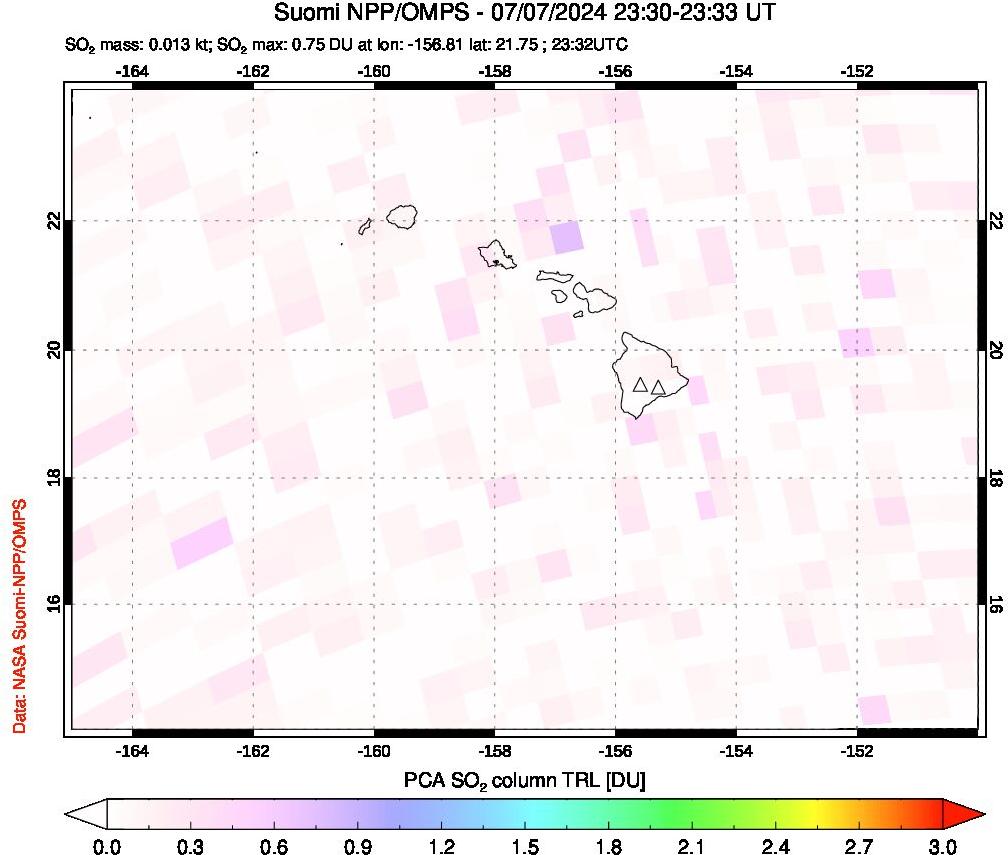 A sulfur dioxide image over Hawaii, USA on Jul 07, 2024.