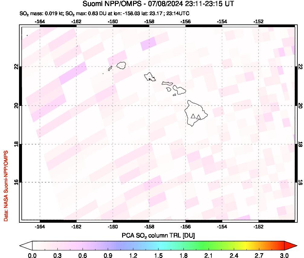 A sulfur dioxide image over Hawaii, USA on Jul 08, 2024.