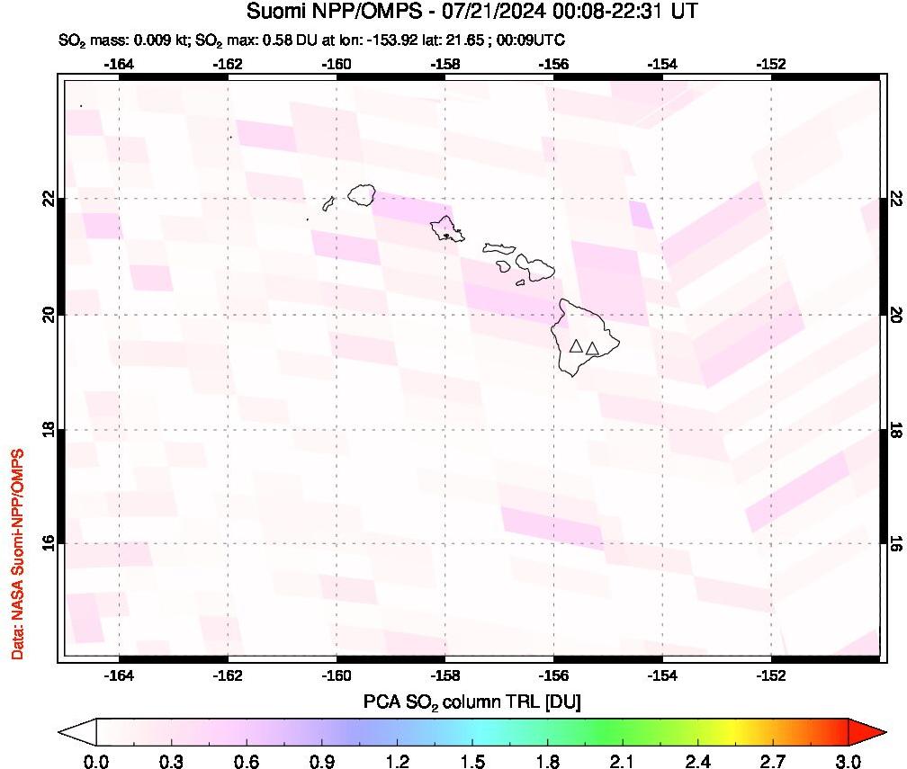 A sulfur dioxide image over Hawaii, USA on Jul 21, 2024.