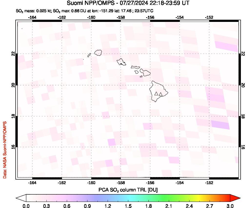 A sulfur dioxide image over Hawaii, USA on Jul 27, 2024.