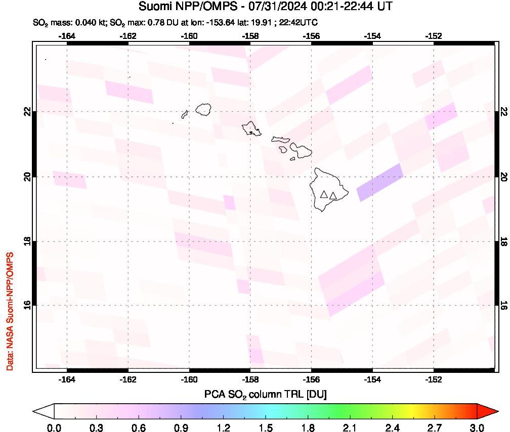 A sulfur dioxide image over Hawaii, USA on Jul 31, 2024.