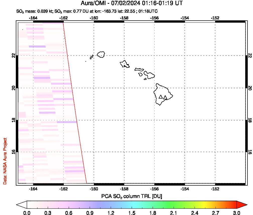 A sulfur dioxide image over Hawaii, USA on Jul 02, 2024.