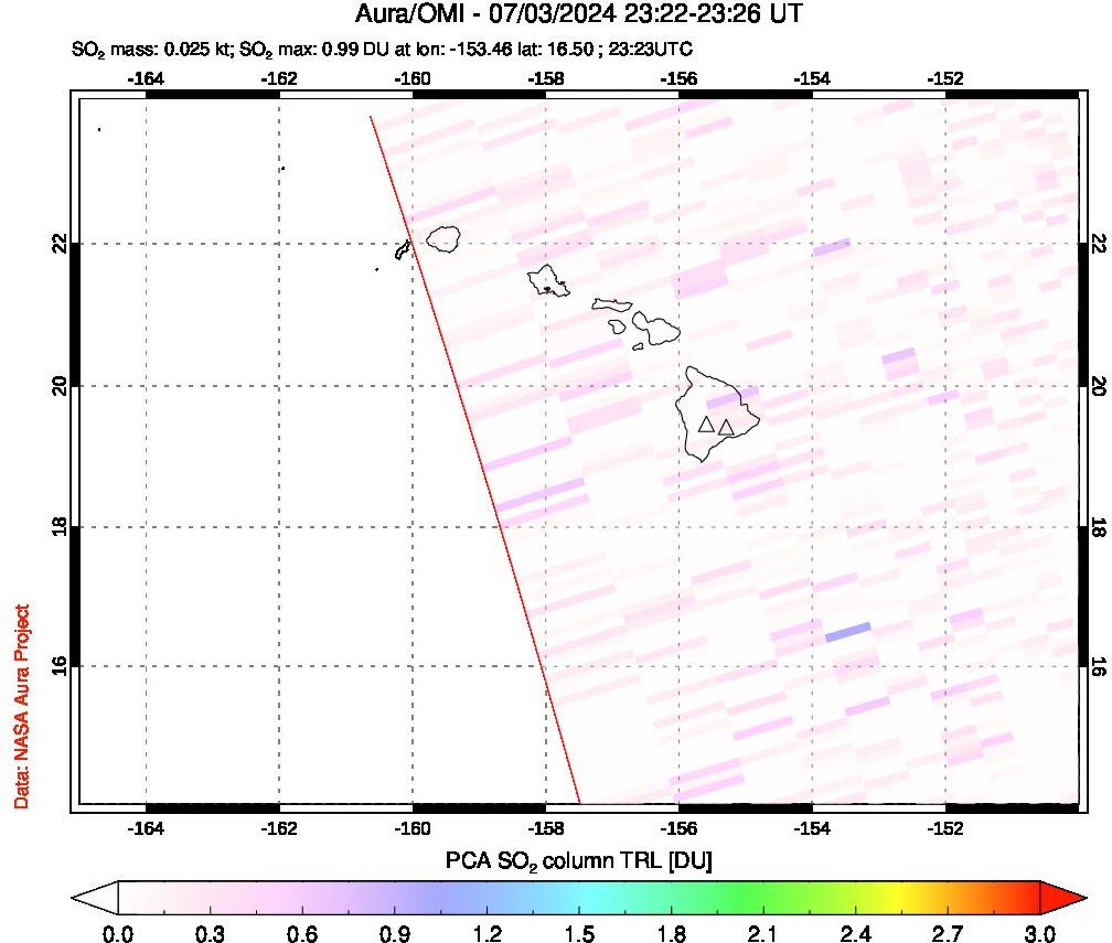 A sulfur dioxide image over Hawaii, USA on Jul 03, 2024.