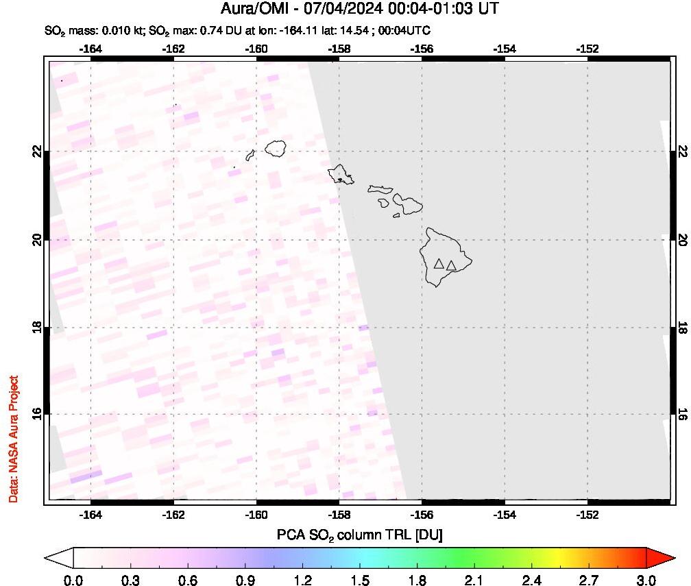 A sulfur dioxide image over Hawaii, USA on Jul 04, 2024.