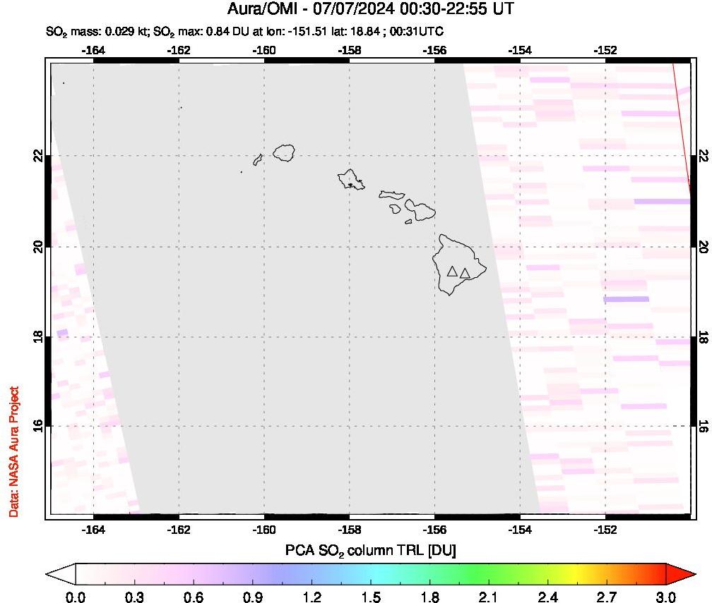 A sulfur dioxide image over Hawaii, USA on Jul 07, 2024.