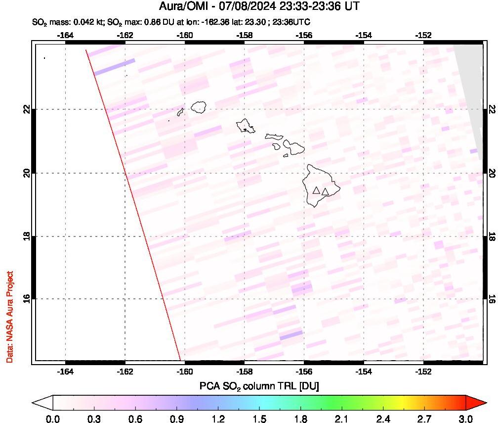 A sulfur dioxide image over Hawaii, USA on Jul 08, 2024.