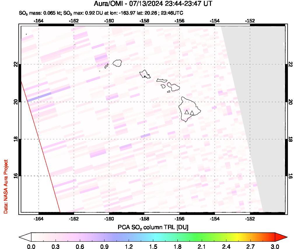 A sulfur dioxide image over Hawaii, USA on Jul 13, 2024.