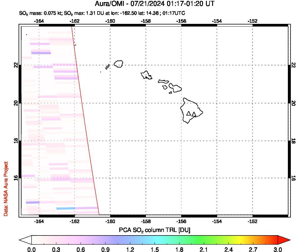 A sulfur dioxide image over Hawaii, USA on Jul 21, 2024.