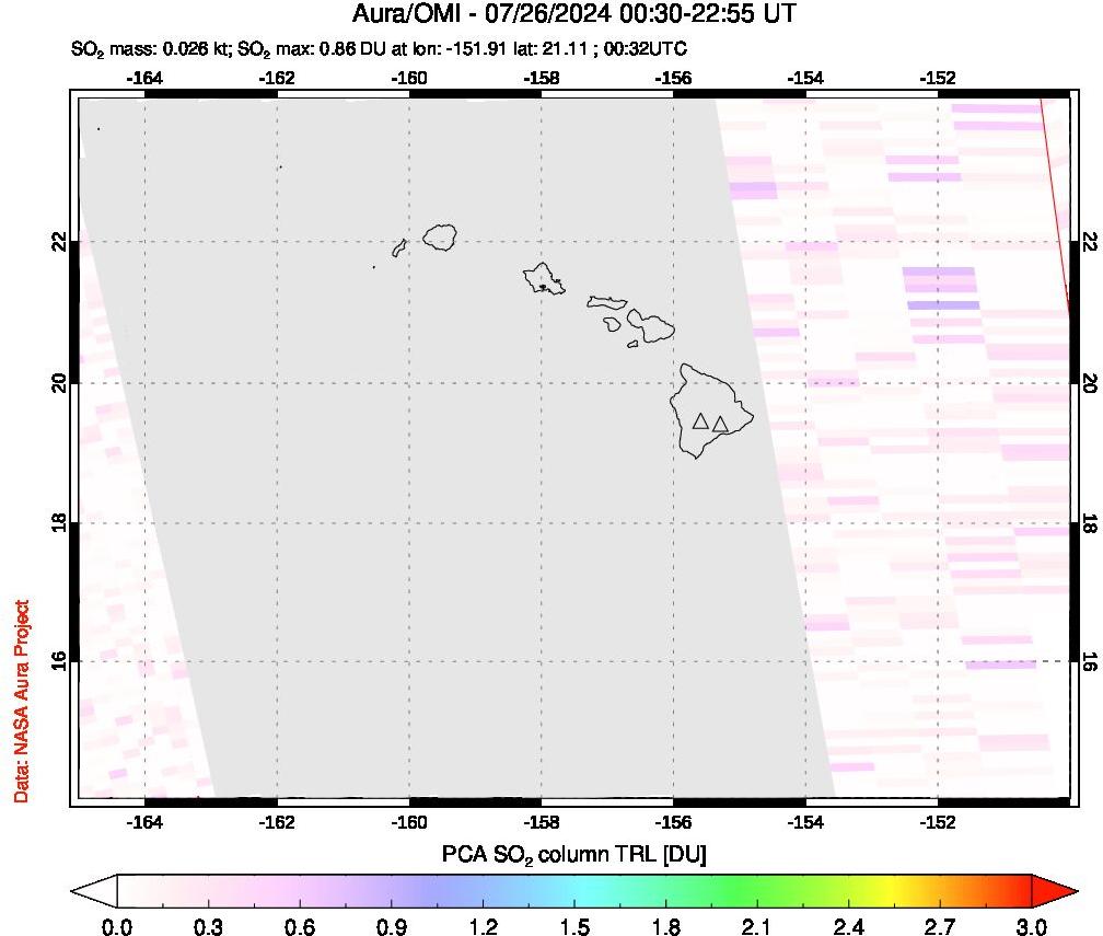 A sulfur dioxide image over Hawaii, USA on Jul 26, 2024.