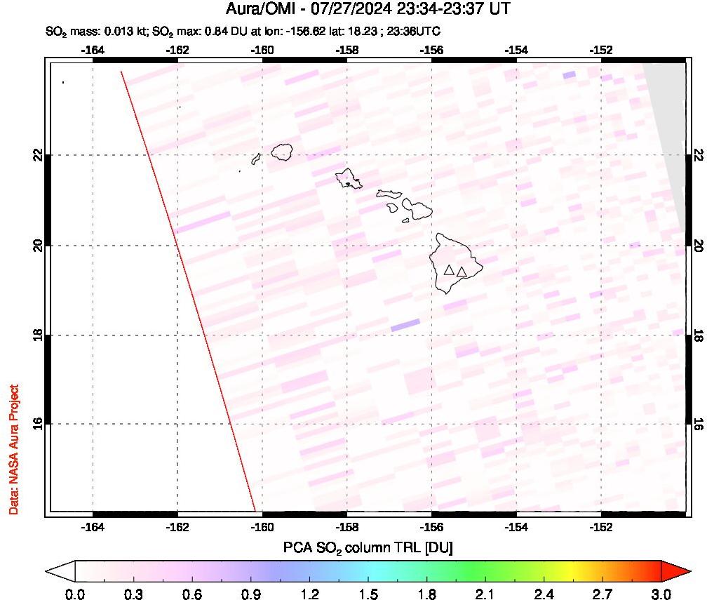 A sulfur dioxide image over Hawaii, USA on Jul 27, 2024.