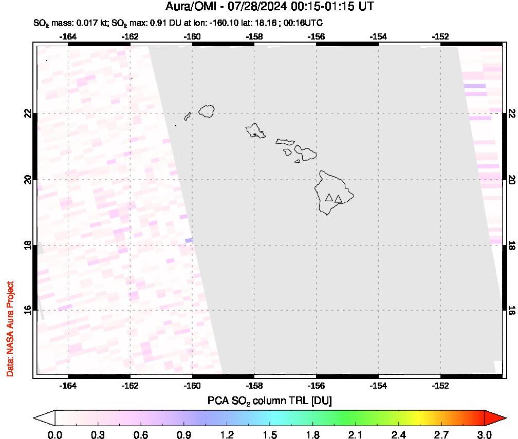 A sulfur dioxide image over Hawaii, USA on Jul 28, 2024.