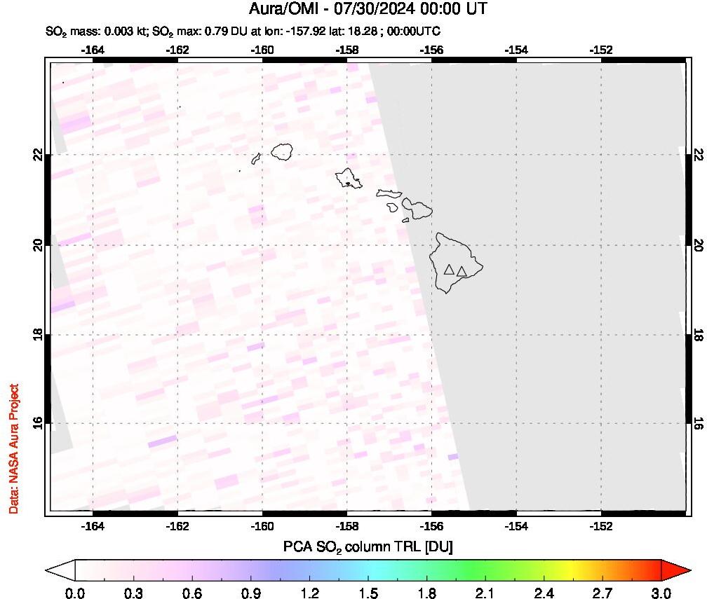 A sulfur dioxide image over Hawaii, USA on Jul 30, 2024.