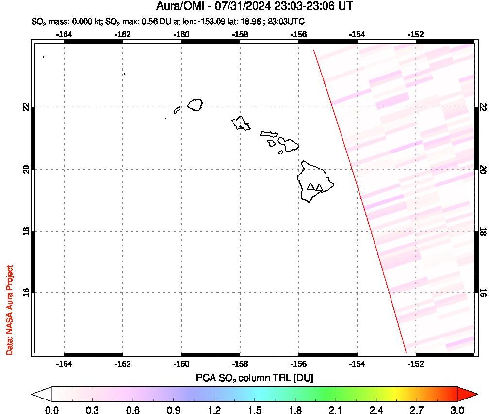 A sulfur dioxide image over Hawaii, USA on Jul 31, 2024.